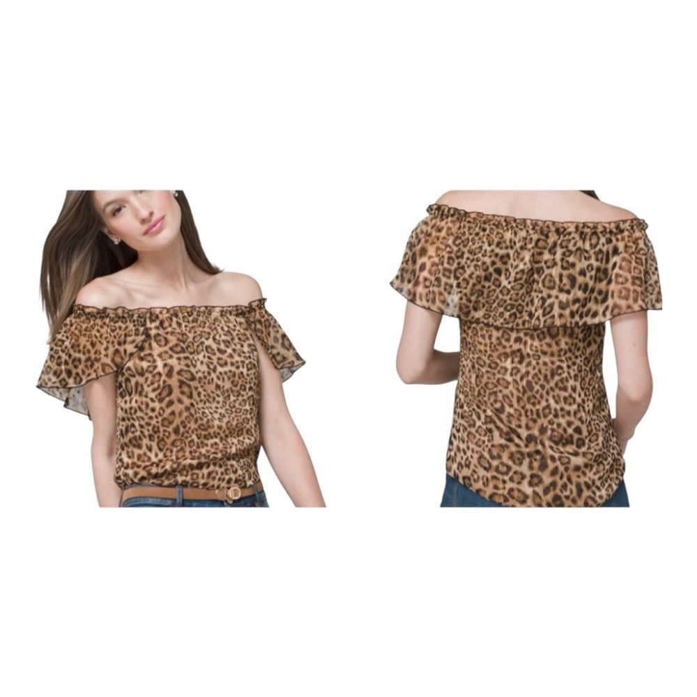 White House Black Market SS Capelet Leopard Off The Shoulder Top XS NWT